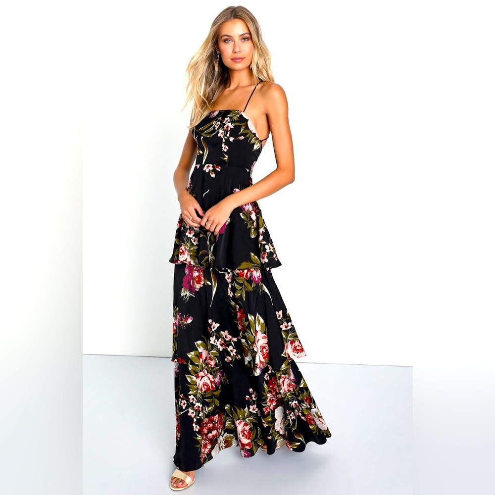 Lulu’s Enchanting Blossom Black Floral Satin Lace-Up Tiered Maxi wedding guest